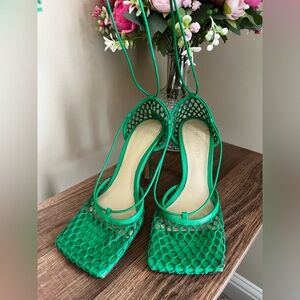 Bottega Veneta Green Lace Up Strappy Fishnet Heels